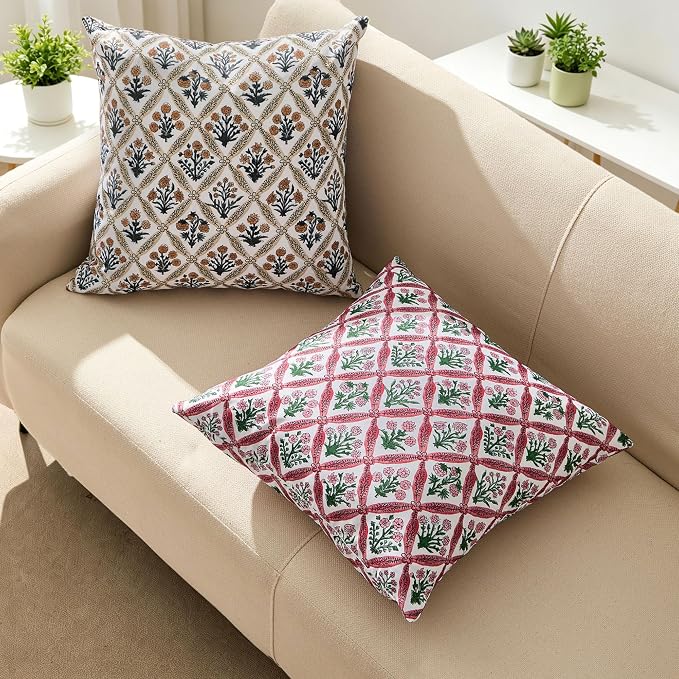 Allorry Floral Outdoor Pillow Covers 16x16 Rose Pink Waterproof Decor | Set of 2 Vintage Floral Block Print Pillow Cover,Farmhouse Boho Decorative for Spring Summer Outdoor Sofa Bedroom Decor