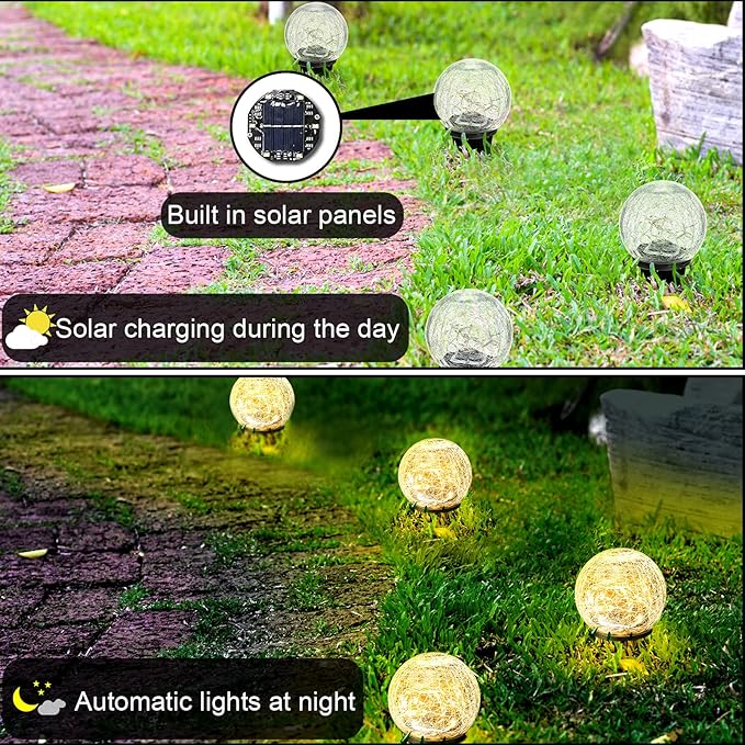Hbaushun Garden Solar Lights 2 Pack,Outdoor Waterproof 30 LED Cracked Glass Ball Globe Solar Power Ground Lights for Pathway Path Yard Patio Lawn, Outdoor Christmas Decoration Landscape 4.7''