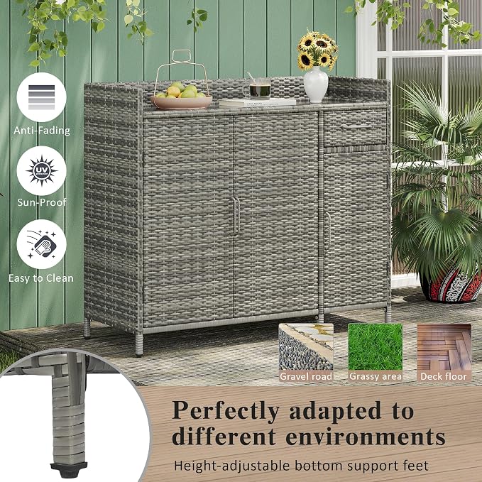 LUMISOL Outdoor Wicker Storage Cabinet with Adjustable Shelf and One Drawer, Weather-Proof Patio Bar Table with Tempered Glass Desktop, Rattan Bar Table with Three Doors for Outdoor Pool Garden, Grey