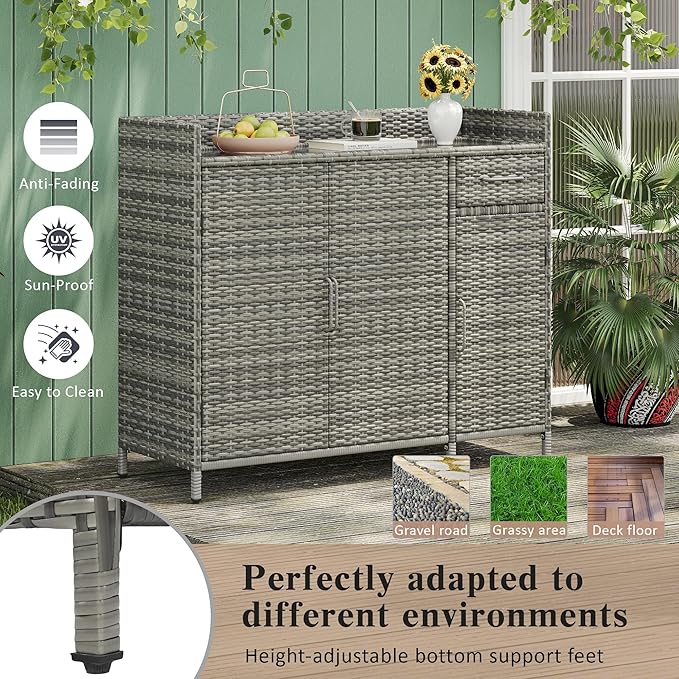 Merax Wicker Outdoor Bar Cabinet - PE Rattan Patio Bar Table w/Tempered Glass Desktop, Drawers & 3 Doors, Buffet Sideboard Organizer for Garden Backyard Pool, Outside Storage Cabinet,Grey