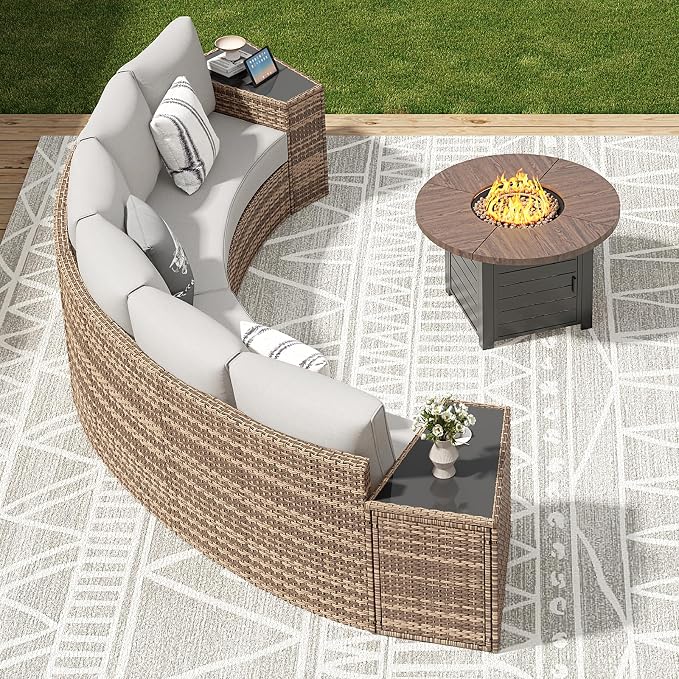 LUXOAK 6-Piece Wicker Patio Furniture Set, Waterproof Half-Moon Sectional Sofa with Cushions, Rattan Outdoor Conversation Set for Garden, Pool, Beach & Balcony, Beige