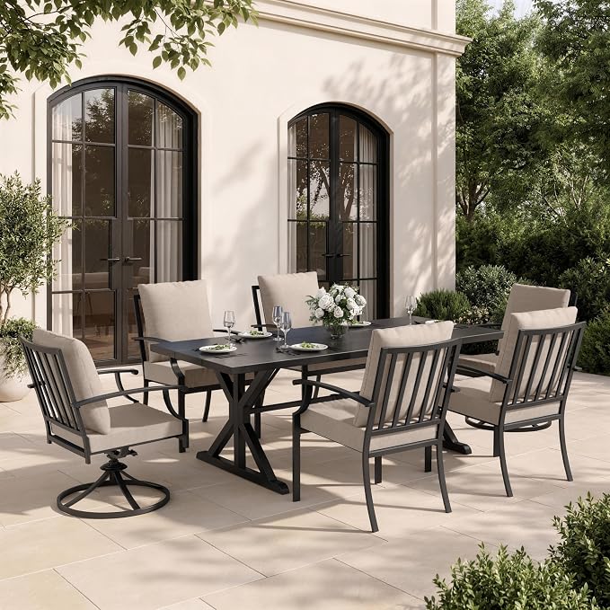 7 Piece Outdoor Dining Set for 6, Metal Patio Table and Chairs with Cushions, Patio Furniture Set with 2 Swivel Chairs, Rectangular Metal Dining Table with Umbrella Hole, Lawn Deck Yard-Sand