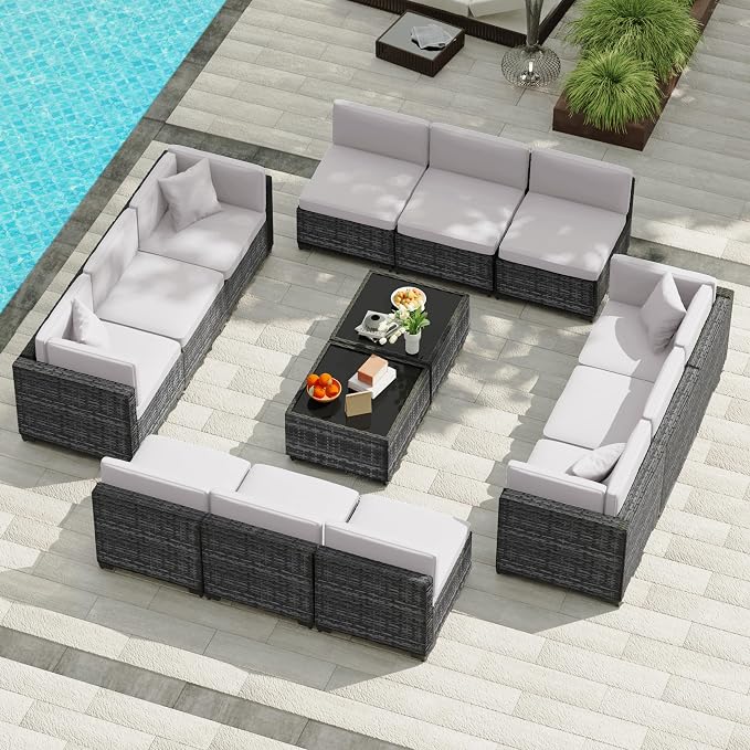 KIGOTY Patio Furniture Set,14 Pieces Modular Outdoor Sectional Sofa, PE Rattan Patio Conversation Set, All Weather Wicker Patio Furniture with Cushions and Coffee Table（Light Grey/Light Grey）
