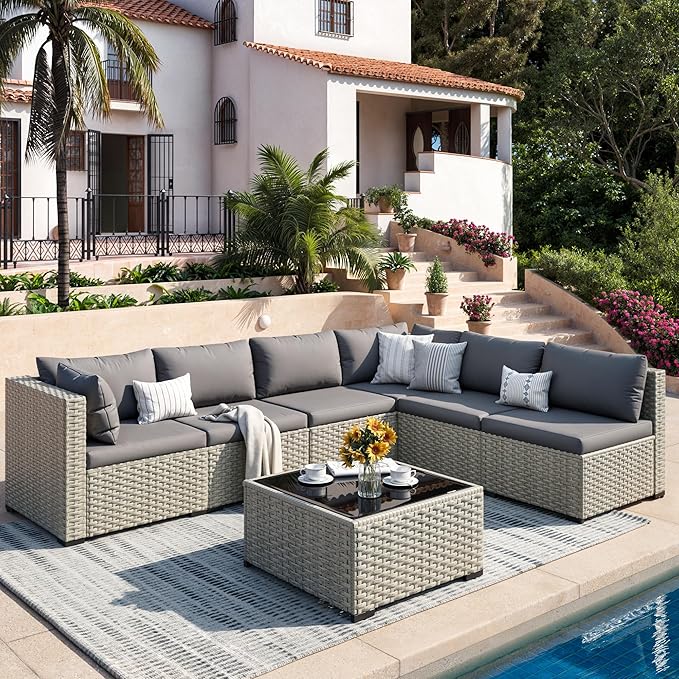 Patio Furniture Set, 7-Piece Outdoor Sectional All-Weather Wicker Patio Conversation Set for Backyard (Grey Cushions with Grey Rattan)