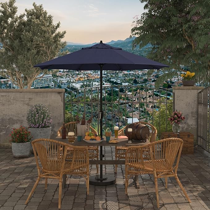 California Umbrella 7.5' Rd Aluminum Patio Umbrella, Crank Lift, Auto Tilt, Black Finish, Navy Blue