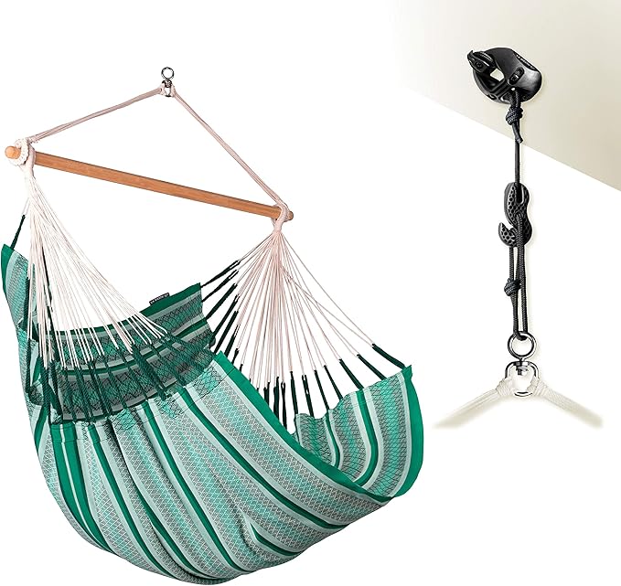 LA SIESTA® - Large Comfort Habana Cotton Hammock Chair & CasaMount - Hanging Chair w/Suspension Kit for Walls Ceilings & Square Beams - Indoor Outdoor Swing Hanging Chair Bedroom Balcony - Agave