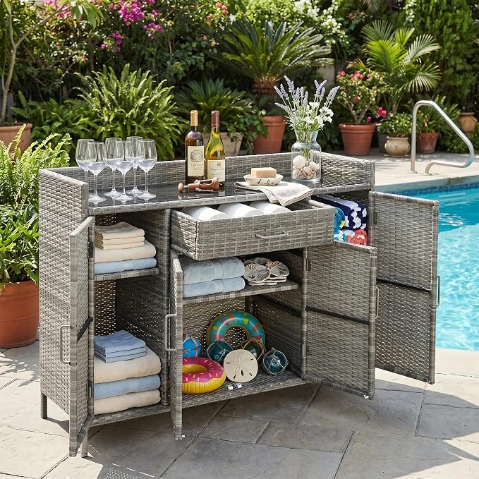 RUNNA 53.2" W Outdoor Weather-Proof Rattan Storage Cabinet with Tempered Glass Desktop,Outdoor Wicker Bar Table with One Large Drawer & Adjustable Shelves for Patio, Backyard,Garden,Pool (Grey#81)