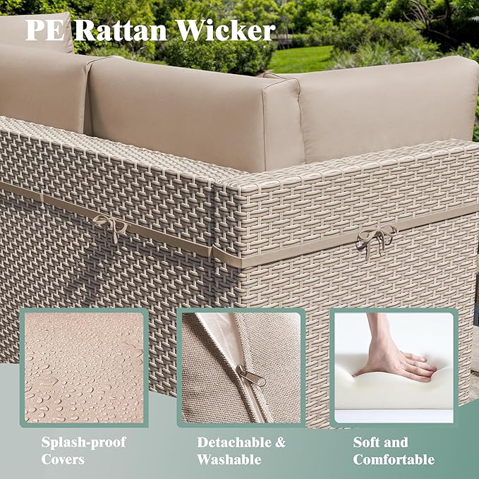 8 Pieces Patio Furniture Set with Fire Pit Table, Outdoor Sectional Wicker Sofa with Thick Cushions and Storage Coffee Table, Rattan Patio Conversation Sets, Khaki