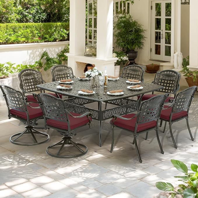 SOCIALCOMF 9-Piece Patio Cast Aluminum Dining Set, Outdoor Table and Chairs Set for 8, Includes 64" Large Square Dining Table, 4 Stationary, 4 Swivel Dining Chairs with Umbrella Hole, Red