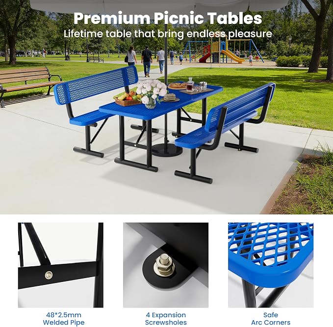 6FT Outdoor Metal Picnic Table with 2 Benches,Heavy Duty Rectangular Picnic Table Set for Outside, Waterproof Commercial Restaurant Table Furniture for Park, Campfield, Patio, Garden, Yard