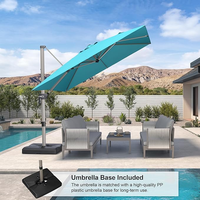 PURPLE LEAF 9' X 9' Patio Umbrella Outdoor Cantilever Umbrella, Aluminum Offset Umbrella with Champagne Frame and 360° Rotation for Pool Deck Garden, Turquoise Blue