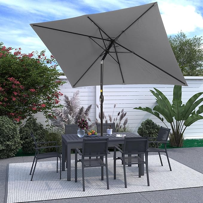 FansaFurn 6.5 x 10 Ft Rectangular Patio Umbrella Aluminum Pole, Outdoor Table Market Umbrella with Crank, 6 Steel Ribs, Polyester Canopy.EU03