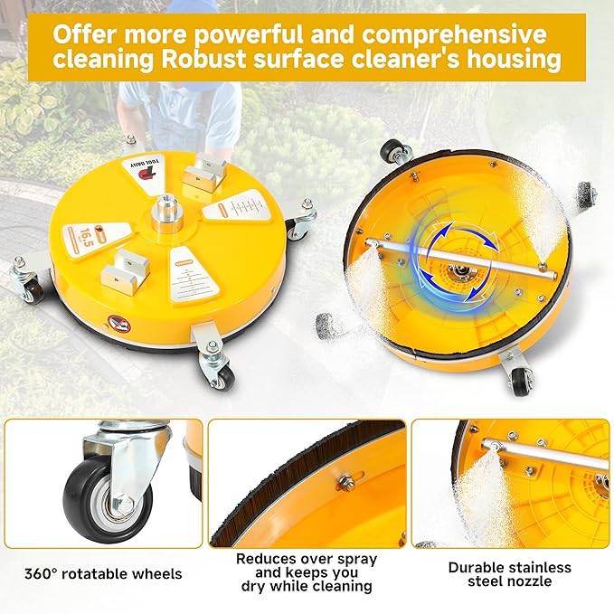 Tool Daily 16.5” Pressure Washer Surface Cleaner with Dual Handle, Surface Cleaner for Pressure Washer Attachment with 4 Wheels for Driveway, Sidewalk, Patio, Deck Cleaning