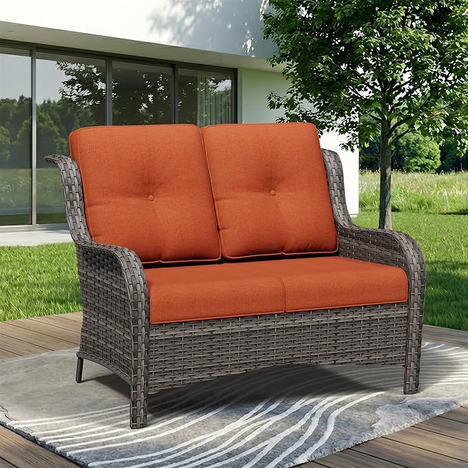Wicker Patio Loveseat, 2 Seat Outdoor Couch with Thickened Olefin Cushions, High Back and Deep Seating, Hand-Woven PE Rattan for Porch, Deck, Balcony