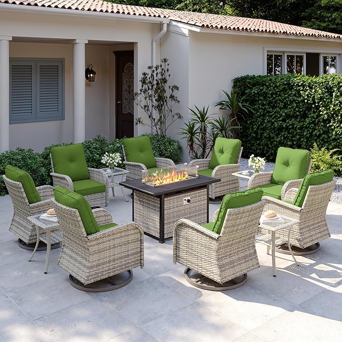 13Pcs Patio Rocking Swivel Chair with 55,000 BTU Fire Pit Table Outdoor Wicker Rattan Bistro Set with Tempered Glass Side Table, Patio Furniture Set for Garden and Balcony, Avocado Green