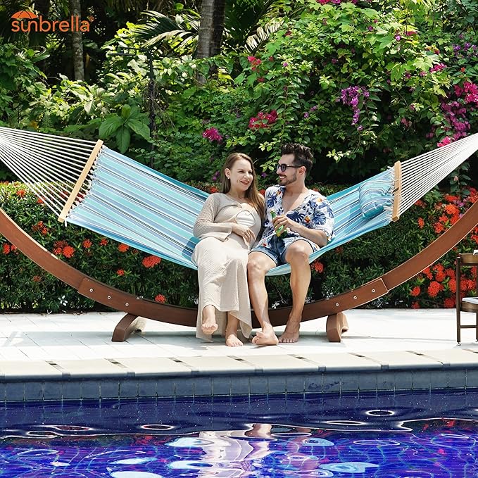 Lazy Daze Hammocks 12 FT Sunbrella Fabric Hammock not Fading with Spreader Bars and Free Pillow Fits for 2 Persons, All Weather and Fade Resistant for Patio Yard, 450 lbs Capacity, Dolce Oasis