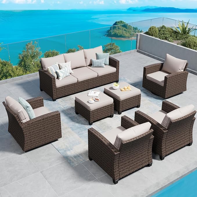 SUNSHINE VALLEY Swivel Glider Patio Furniture Set Outdoor Furniture Brown Wicker Rattan Patio Conversation Sets with Cushion Outside Sofa Set,7 Pieces 9 Seats,Beige