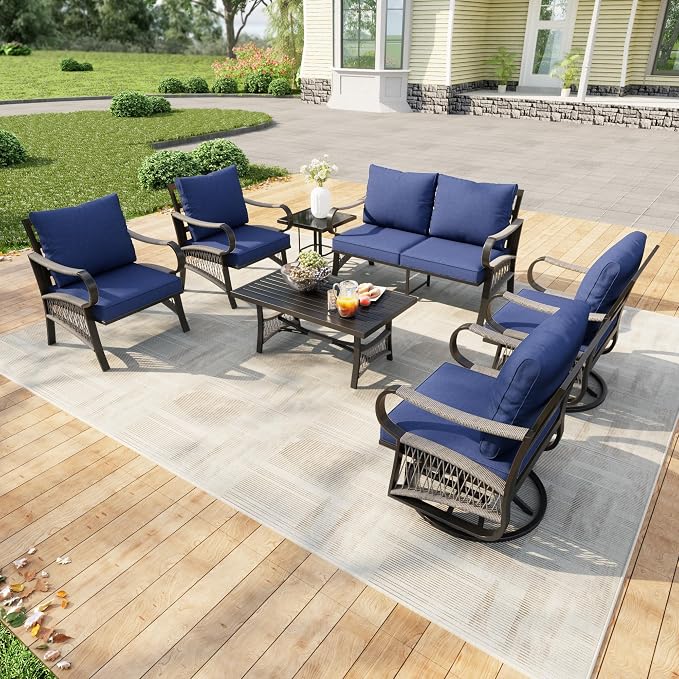 7 Pieces Modern Patio Furniture Set, All Weather Metal Outdoor Conversation Sets with 5.1" Extra Thick Cushion for Backyard Garden Deck Porch Poolside, Blue