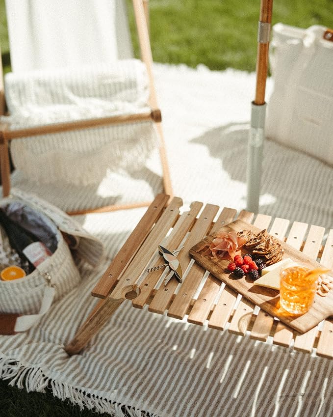 Business & Pleasure Co. Folding Picnic Table - Perfect Mini Outdoor Table for Picnics, Beach, & Concerts - 4 Wine Glass Holders - Umbrella Hole - Premium Teak Hardwood