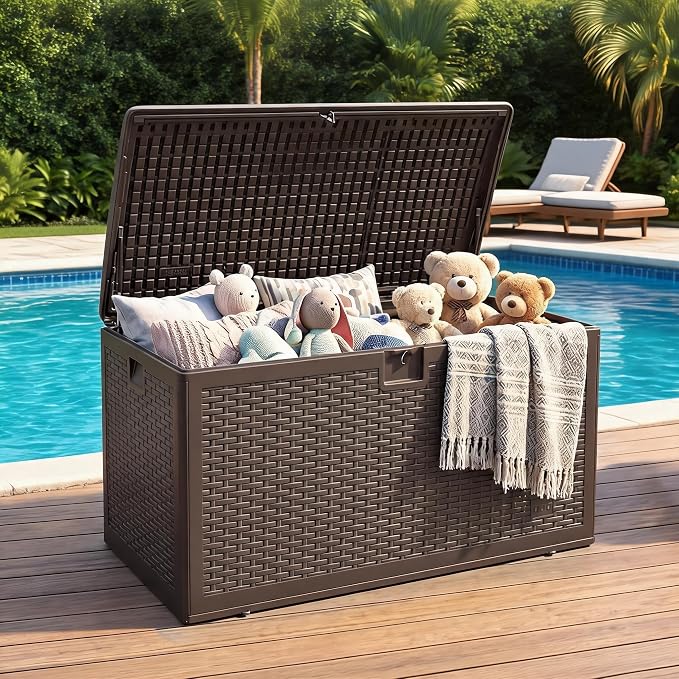 73 Gallon Blow-Molded Outdoor Storage Box – Lockable, Waterproof & UV-Resistant Storage Chest for Patio Cushions, Garden Tools, Pool Accessories & Outdoor Toys, Brown