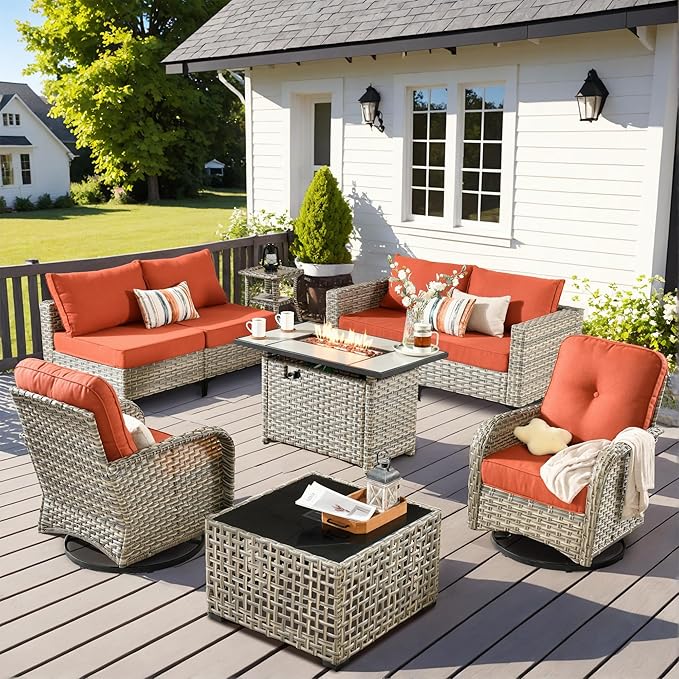 Outdoor Patio Furniture Sets,9 PCS Patio Conversation Set Outside Rattan Sectional Sofa with 42 in Square Fire Pit Table Wicker Rocking Chair Coffee Table Fit Backyard Garden Poolside Balcony