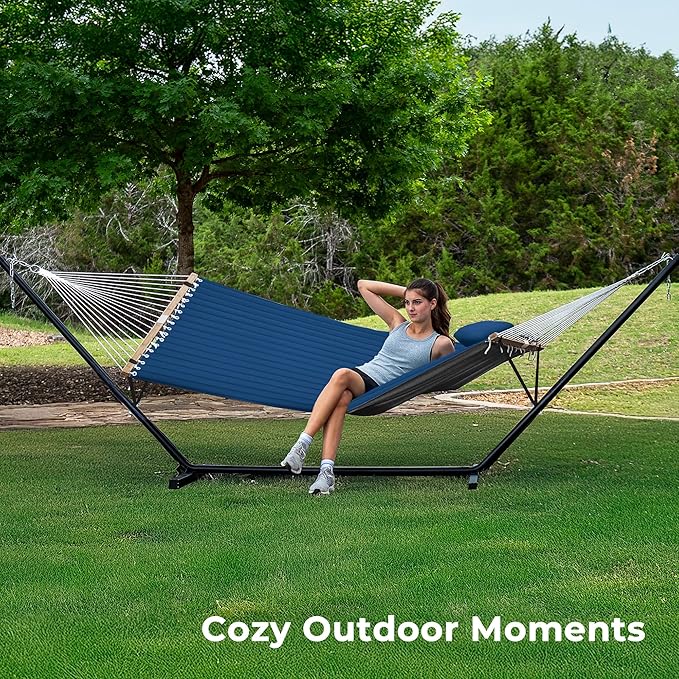 SUPERJARE Hammock with Stand, 2 Person Quilted Outdoor Hammock, Detachable Pillow & Bamboo Spreaders, Portable Hammock with Carrying Bag, Heavy Duty Stand, Perfect for Outside, Patio, Navy Blue