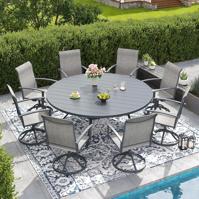 DIFY 63" Round Outdoor Patio Dining Table for 8-10, Metal Patio Table with 1.57" Adjustable Umbrella Hole, All-Weather Outdoor Furniture Table for Garden Backyard Deck, Grey