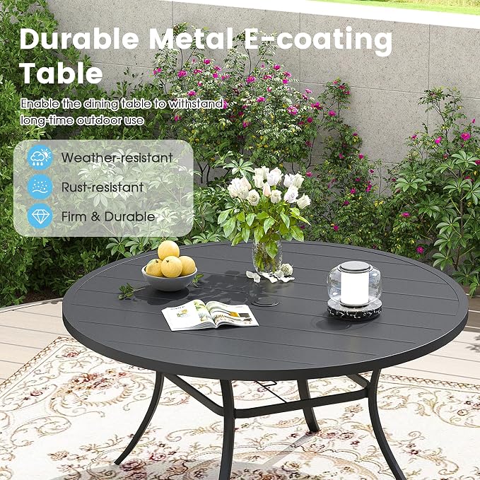 9 Pieces Outdoor Patio Dining Table Set, 60" All Weather Round Metal Table with Umbrella Hole and 8 High Back Textilene Swivel Chairs for Garden, Lawn, Poolside, Black Table & Brown Chairs