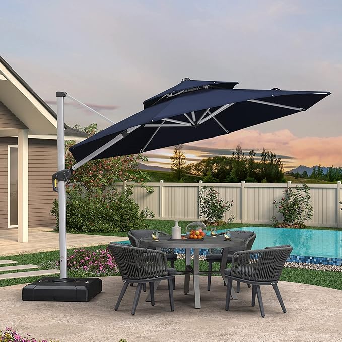 PURPLE LEAF 11 FT Cantilever Patio Umbrellas with Base Included, Large Round Offset Umbrella with 360° Rotation, Outdoor Aluminum Pool Umbrella for Pool Lawn Garden, Navy Blue