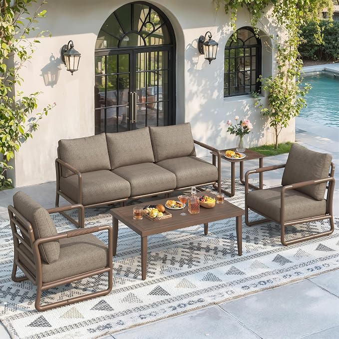 Outdoor Aluminum Patio Furniture Set with with 6.5" Thick Cushions,7-Piece Outdoor Sectional Conversation Set with Coffee Tables,All-Weather Patio Set for Backyard & Deck，Brown