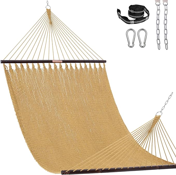 Lazy Daze Hammocks 13 FT Extra Large 2+ Person Caribbean Rope Hammock, Hand Woven Polyester XL Hammock with Spreader Bars, for Outside Outdoor Backyard Patio Poolside, 500 LBS Capacity, Tan