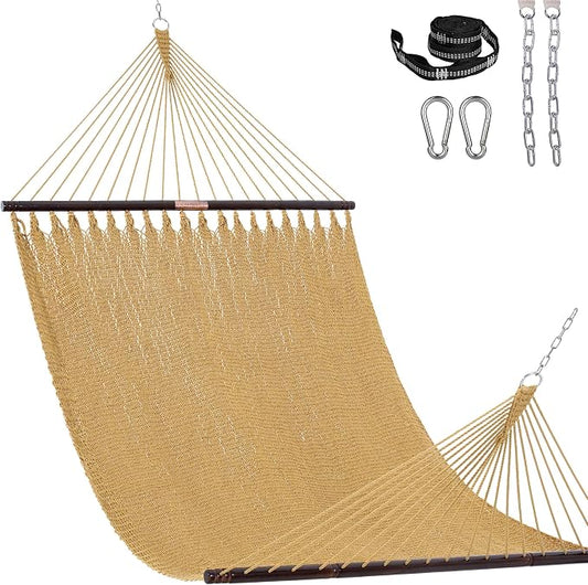 Lazy Daze Hammocks 13 FT Extra Large 2+ Person Caribbean Rope Hammock, Hand Woven Polyester XL Hammock with Spreader Bars, for Outside Outdoor Backyard Patio Poolside, 500 LBS Capacity, Tan