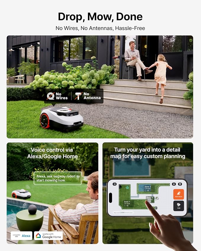 Segway Navimow i215 LiDAR Robot Lawn Mower, Wire Free Robotic Lawn Mower for 0.37 Acre, LiDAR & Vision Dual Fusion, Auto Mapping, Off-Road Wheels for 45% Slopes, Quiet 59 dB(A) Mowing