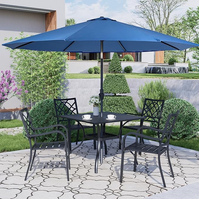Crownland 5 Piece Outdoor Dining Set, Patio Metal Dining Sets, 4 Stackable Metal Chairs and Square Outdoor Dining Table with Dark Blue 9FT Round Outdoor Umbrella, for Backyard, Garden (Classic Black)