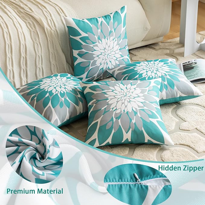 Pack of 4 Outdoor Waterproof Pillow Covers 24x24 Decorative Outdoor Throw Pillows Garden Square Cushion Cases for Patio Furniture, Couch, Tent Sunbrella, Bench, Teal Turquoise Grey