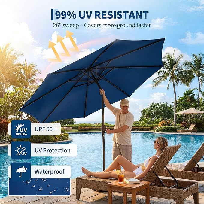 Garvee 10FT Patio Umbrella with 32 Solar LED Lights, Outdoor Table Market Umbrella with Tilt and Crank, 8 Sturdy Iron Ribs Sun Shade for Garden, Deck, Backyard and Pool, Navy Blue