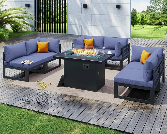 NICESOUL 6 Seat Modern Aluminum Patio Furniture Set with Fire Pit Table, 500lbs Heavy Duty Outdoor Sectional Sofa, 29" Deep Wide Oversized Seating L Shaped Conversation Couch for Garden, Denim Blue