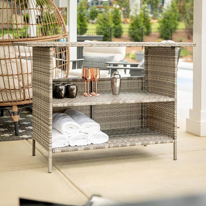 BizChair Indoor/Outdoor Patio Wicker Rattan Bar Counter Table with 2 Shelves, Gray