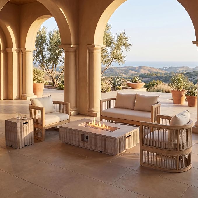 Christopher Knight Home Eden 5 Piece Patio Furniture Set with MGO Fire Pit+Tank Holder, 4-Seater Outdoor Acacia Wood Conversation Set with Cushions and Rectangular Fire Table,Light Teak+Beige+Natural