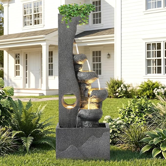 Grepatio Outdoor 6-Tiers Water Fountain, Cascading Water Fountain with 5 LED Lights, 39"H Large Waterfall Fountains, Outside Modern Water Feature for Garden, Yard, Deck Decor Like Natural Stone, Grey