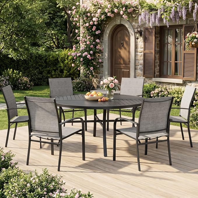 MIXPATIO 7 Pieces Outdoor Table and Chairs, Patio Dining Set for 6, 54" Round Metal Table and 6 Brown Chairs, Outdoor Dining Furniture Set for Lawn Backyard Deck