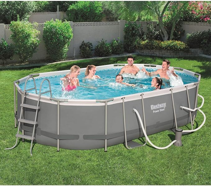 Bestway 16 Ft x 10 Ft x 42 in Steel Frame Above Ground Pool Set with Pump, Filter, Ladder, Cover, Mesh Skimmer, Vacuum and Maintenance Kit