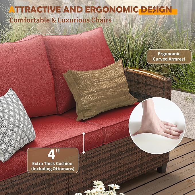 UDPATIO Patio Conversation Set, 5 Pieces Outdoor Furniture Set, All-Weather Wicker Rattan High Back Outdoor Sectional Sofa Set with Ottoman for Poolside, Backyard, Brown Wicker Wine Red Cushions