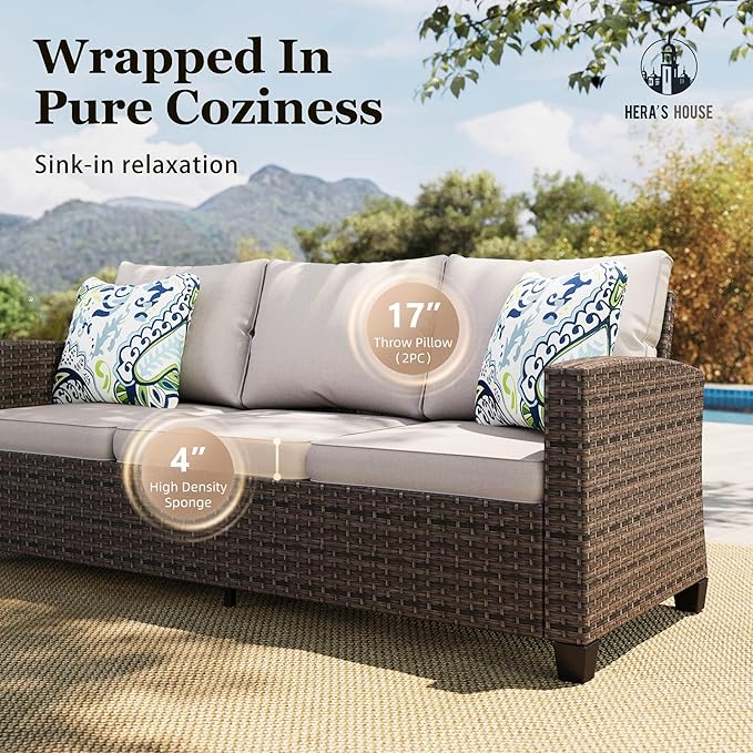 HERA'S HOUSE Outdoor Patio Furniture Set with Swivel Glide Chairs, 6 Pieces Wicker Patio Conversation Sofa Sets for Backyard Porch Deck, Beige