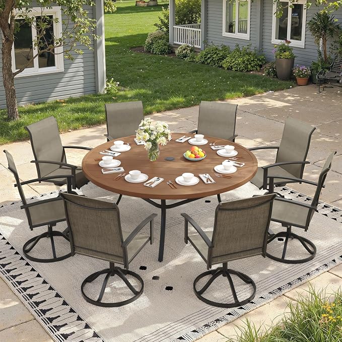 9 Pieces Round Patio Dining Set, Outdoor Furniture of 60" Round Patio Table and Patio Swivel Chairs for Backyard Lawn Garden, Walnut Table and Mixed Brown Chairs