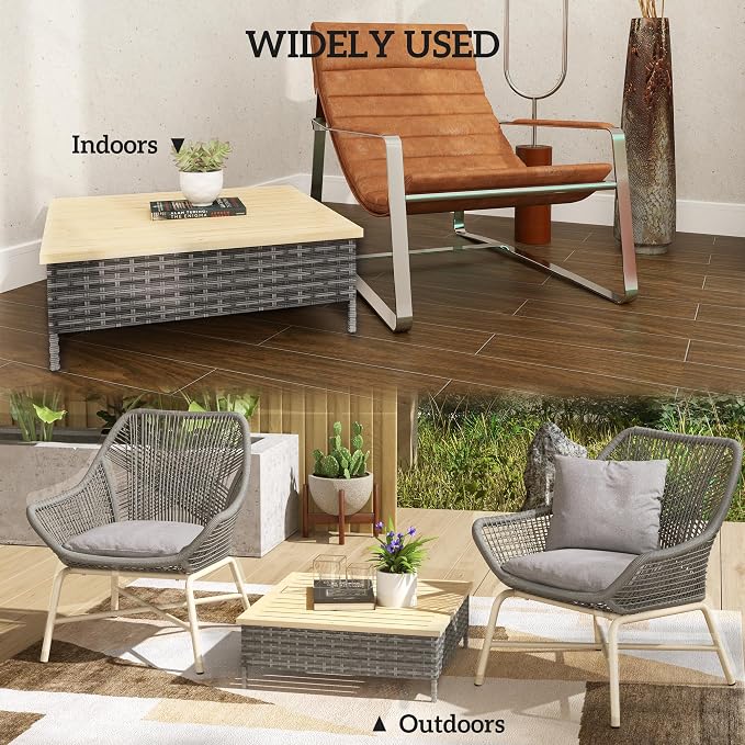 Outsunny Outdoor Side Table with PE Rattan, Patio End Table with Natural Fir Wood Top, Weather Resistant Accent Table for Patio Pool Porch, Gray