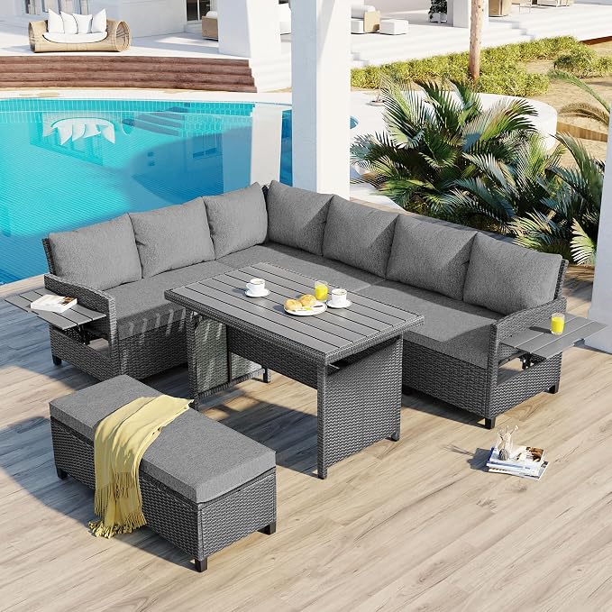 Polibi 5-Piece Outdoor Sectional Conversation Set Sofa, Rattan Wicker L-Shaped Patio Furniture Sets with 2 Extendable Side Tables, Patio Dining Table,Patio Benches for Outdoors,Grey