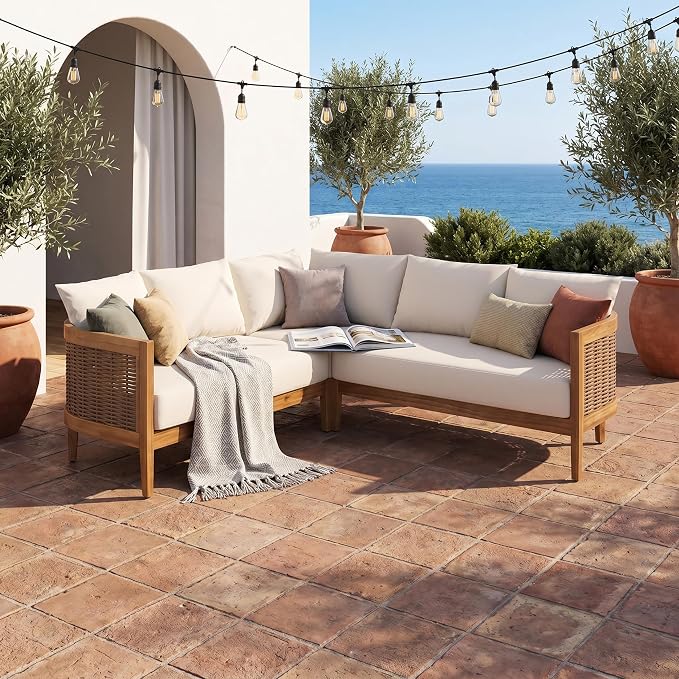 Merax Rattan Outdoor Acacia Wood V-Shaped Sectional Sofa with Cushions | All-Weather Patio Sofa Conversation Set for Porch, Lawn, Backyard, Balcony, Teak
