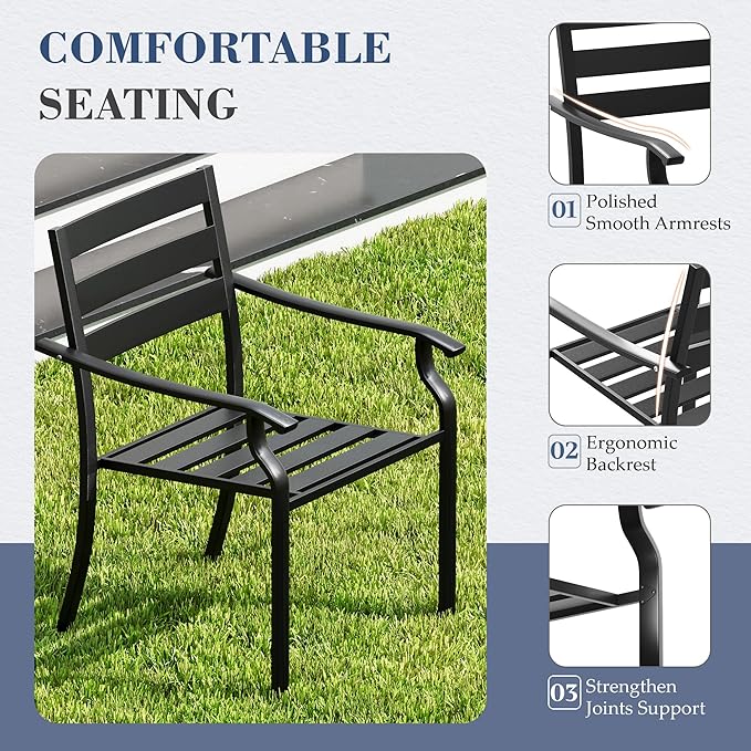 HOMREST 7 Piece Outdoor Patio Dining Set for 6, 63" Rectangular Metal Table with Umbrella Hole and Storage Shelf, Stackable Steel Chairs, Large Patio Furniture Set for Deck/Backyard/Poolside/Garden