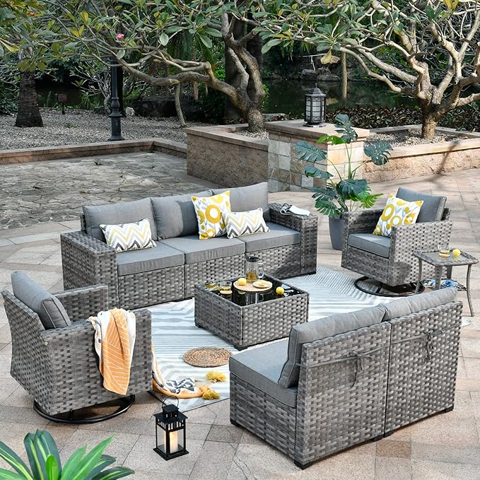 HOOOWOOO Outdoor Patio Sectional Furniture Sofa Set with Swivel Rocking Chairs,9 Piece Modern Wicker Couch with Widened Armrest,Modular Conversation Seating Set for Garden(Dark Grey)